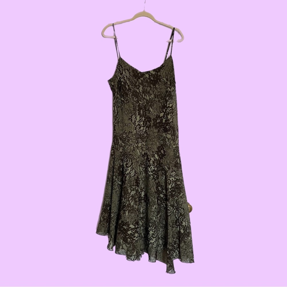 green & black flare dress with lace print